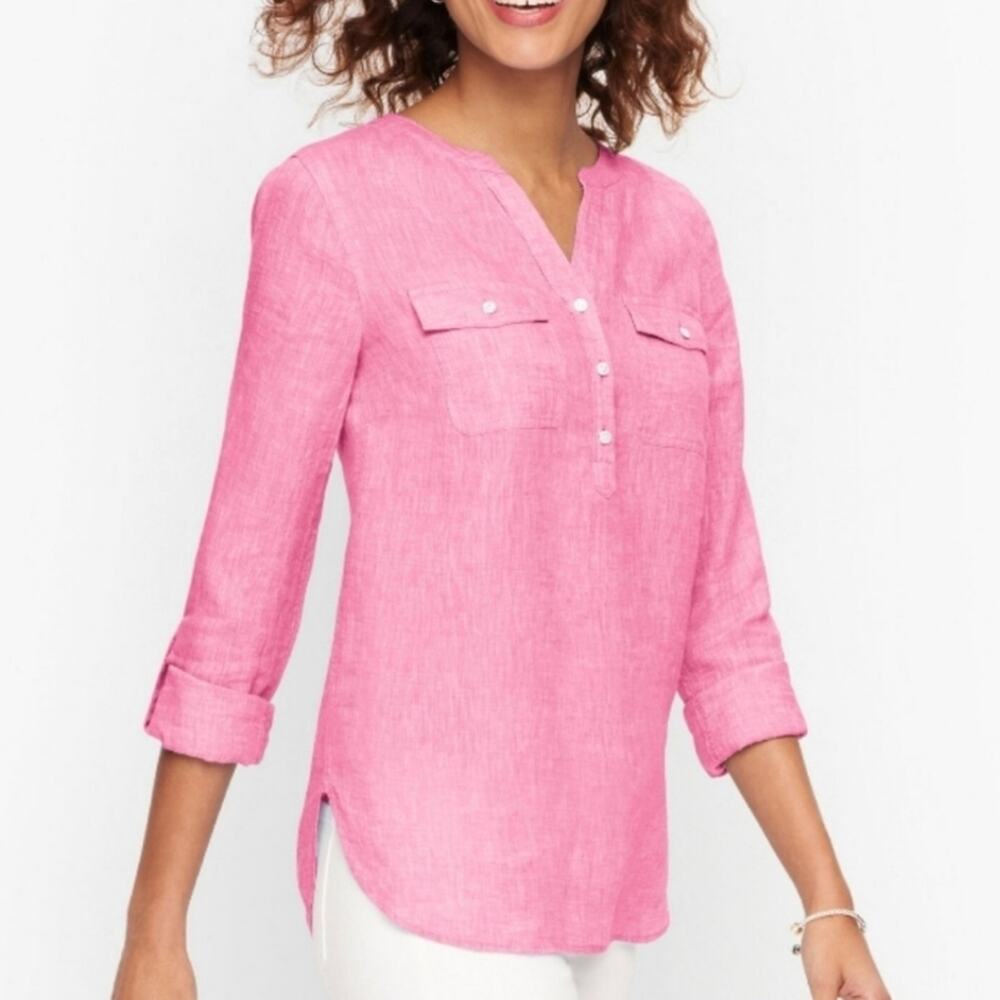 Talbot Linen Pink Popover Shirt Blouse Roll Tab Sleeve Sz Small Petite SP